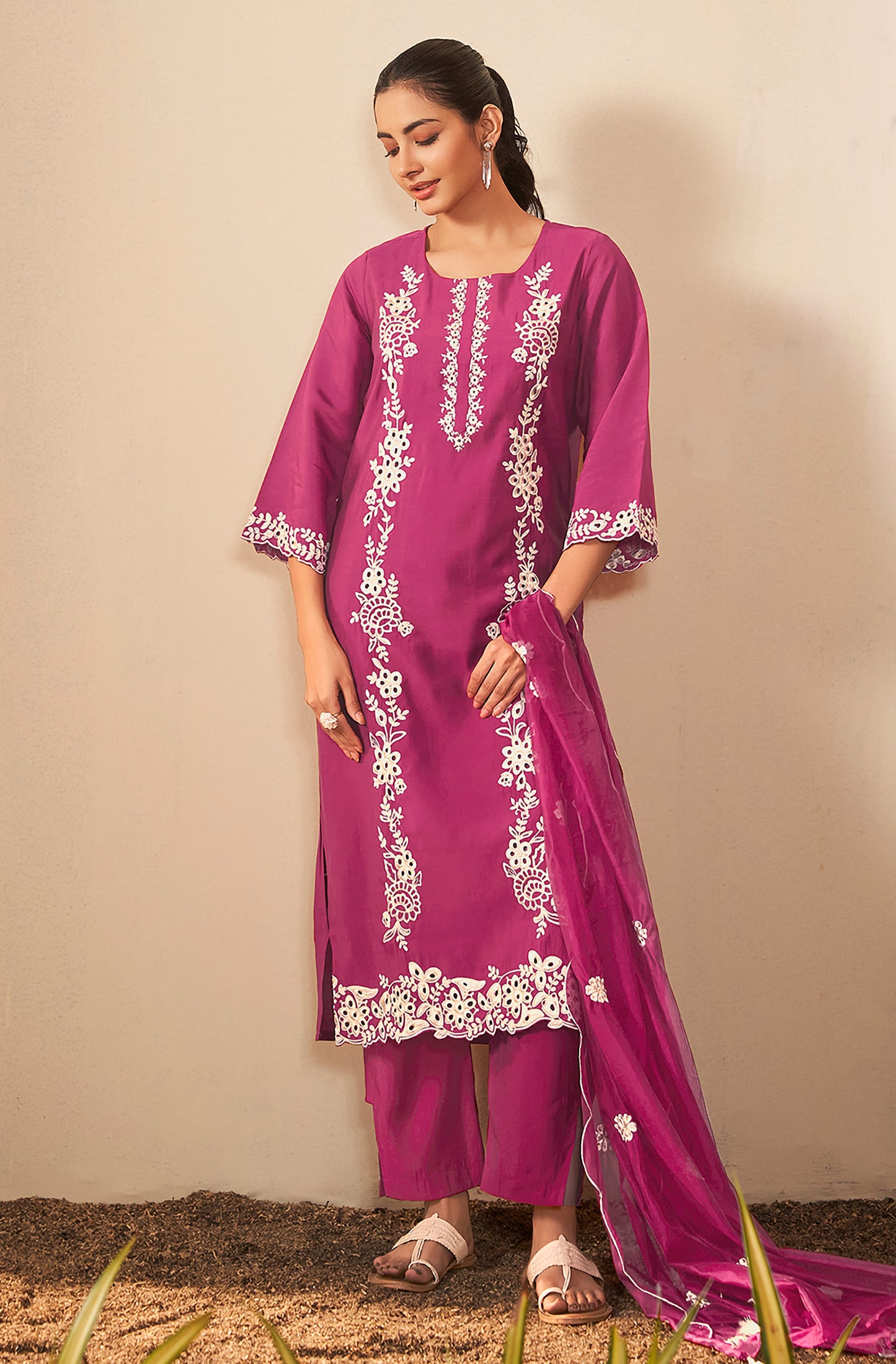 Magenta Silk Blend Schiffli Embroidered Straight Kurta Set - House of Nari