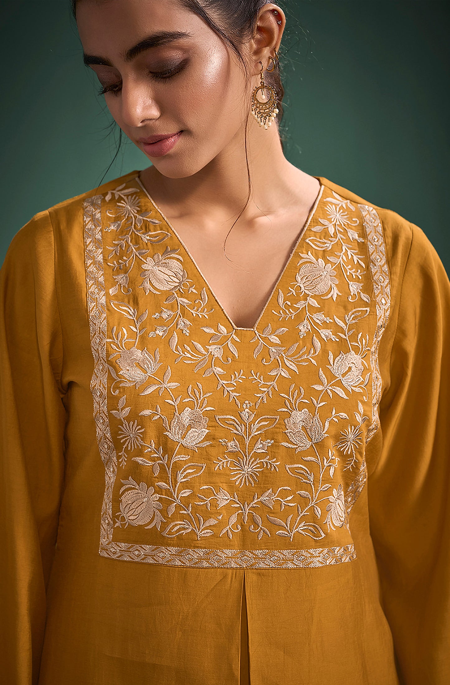 Mustard Silk Blend Embroidered A-Line Kurta Set - House of Nari