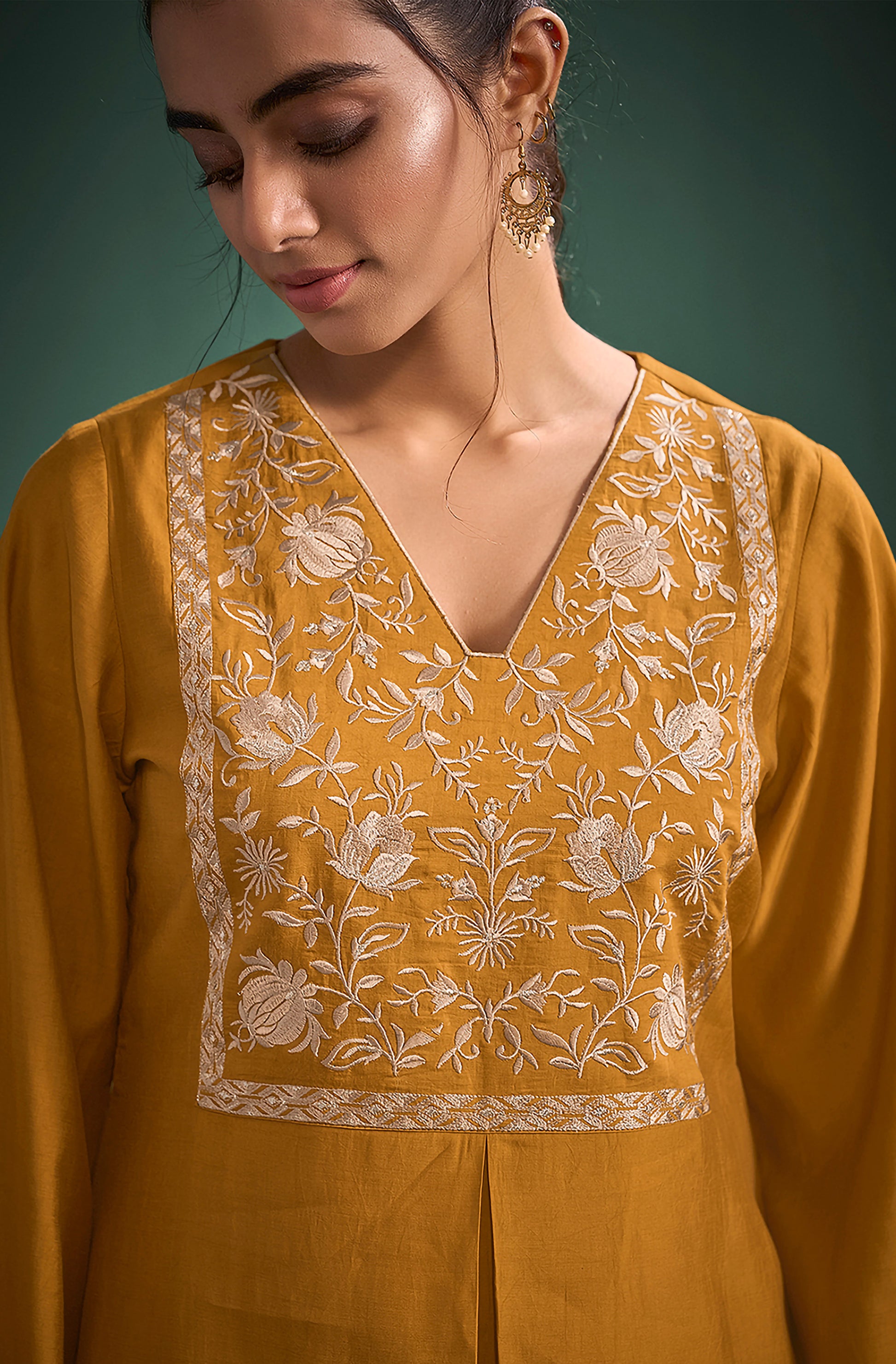 Mustard Silk Blend Embroidered A-Line Kurta Set - House of Nari