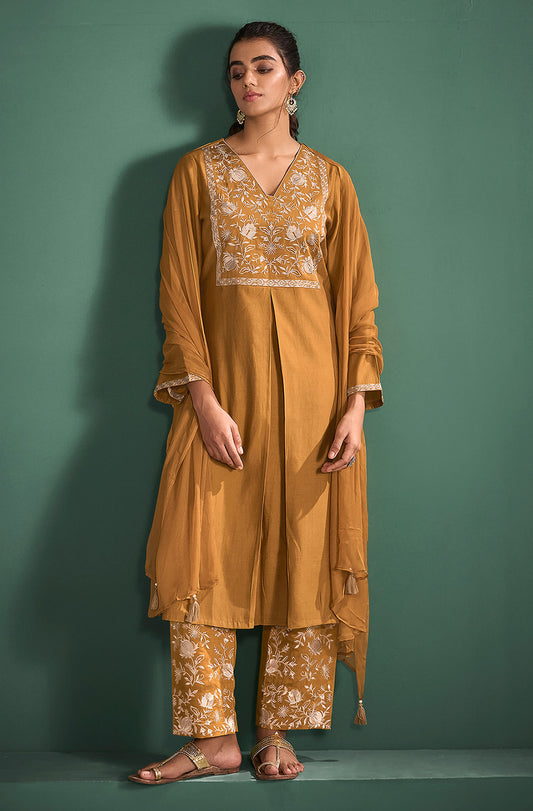 Mustard Silk Blend Embroidered A-Line Kurta Set - House of Nari