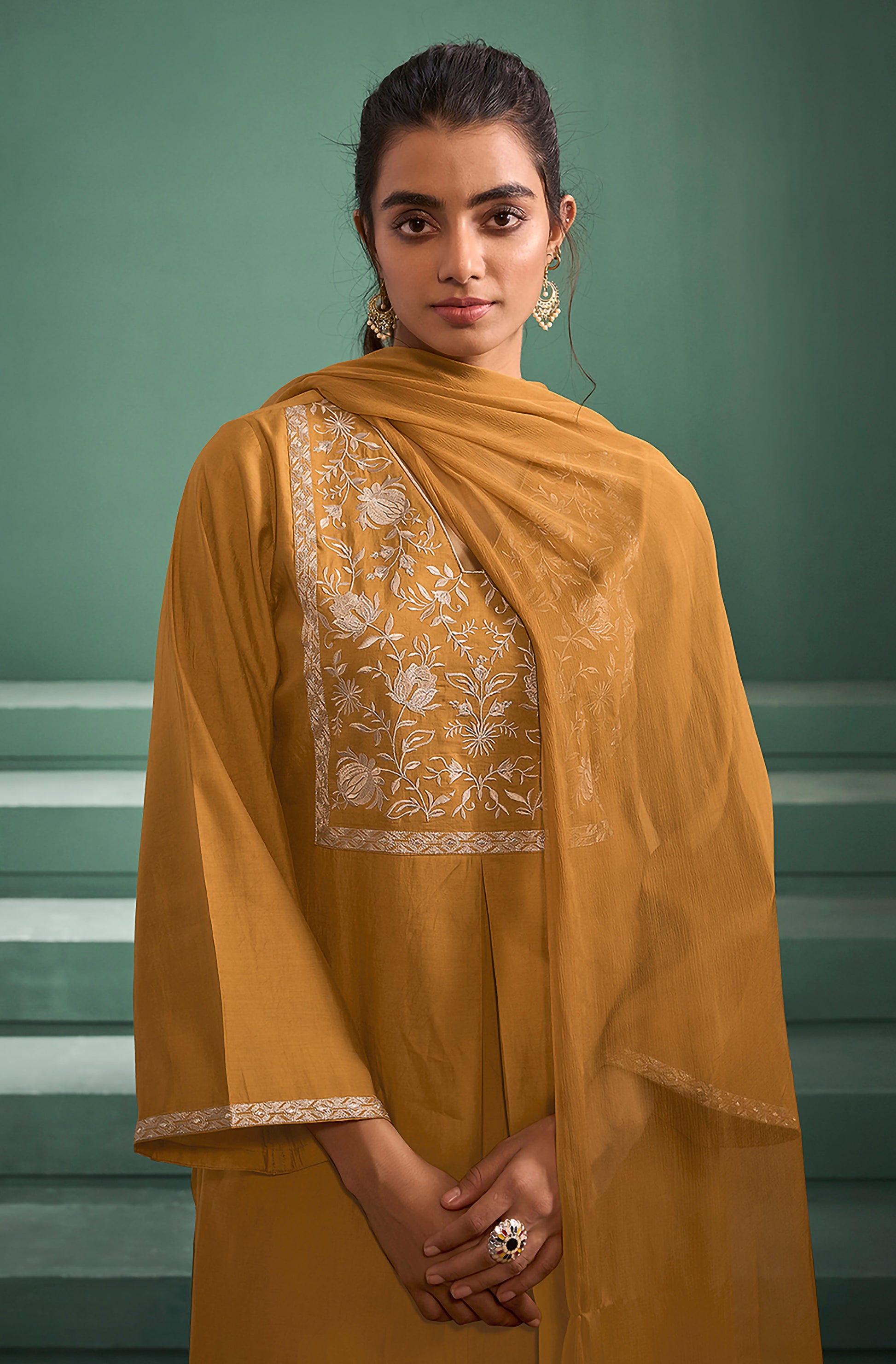 Mustard Silk Blend Embroidered A-Line Kurta Set - House of Nari