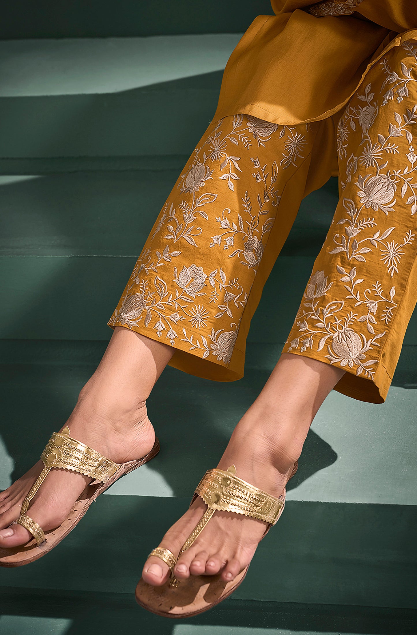 Mustard Silk Blend Embroidered A-Line Kurta Set - House of Nari