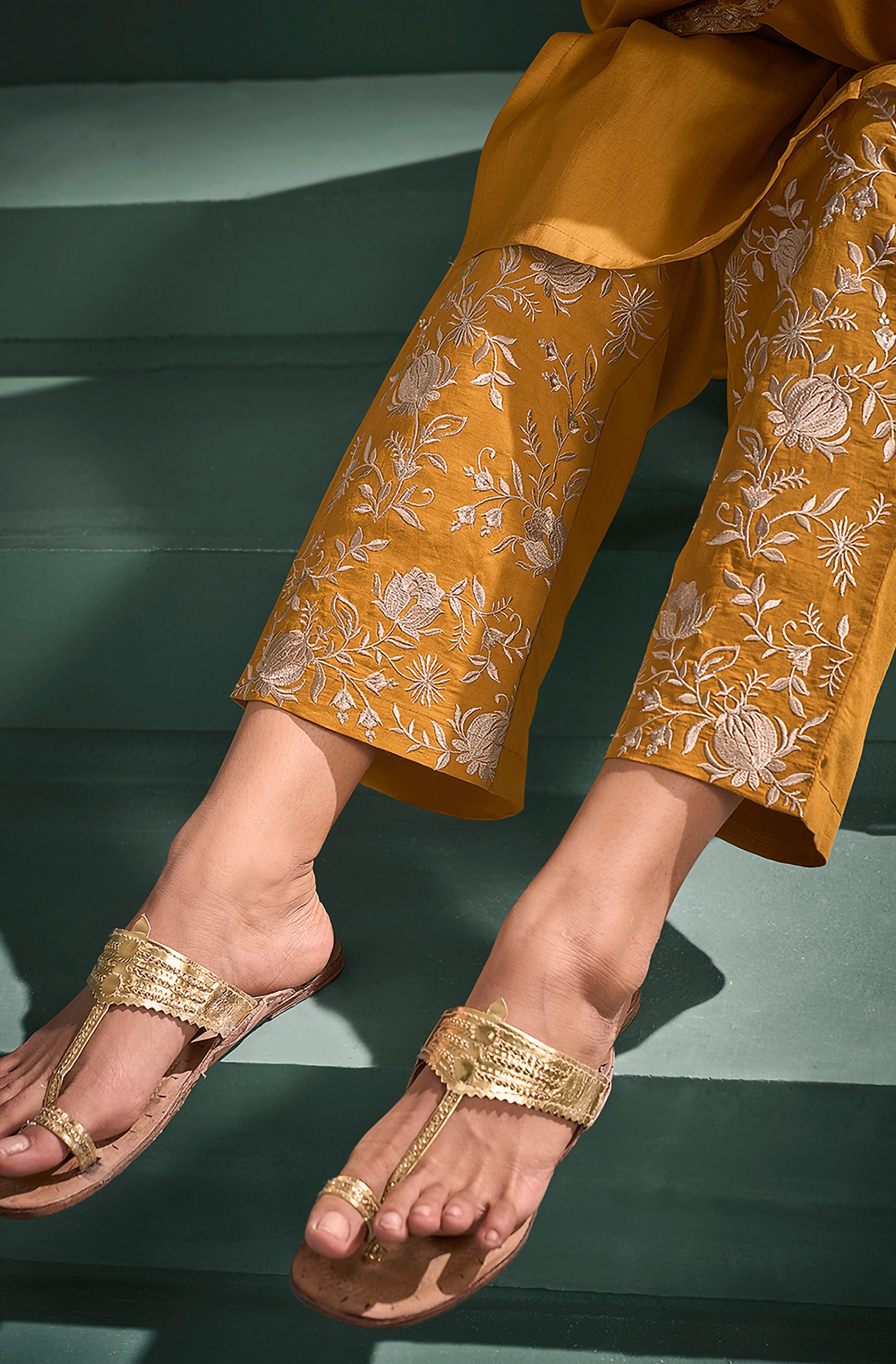 Mustard Silk Blend Embroidered A-Line Kurta Set - House of Nari