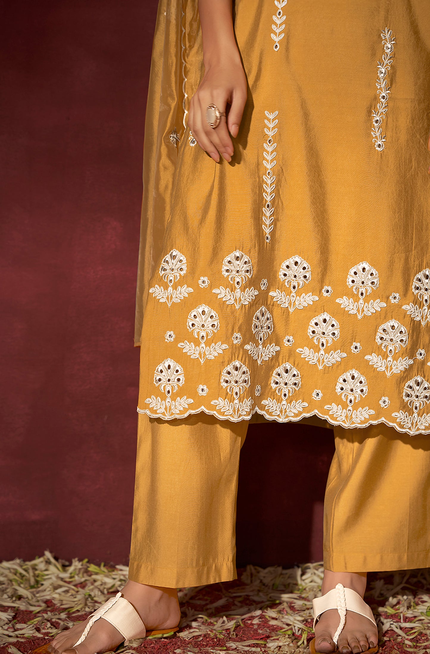 Mustard Silk Blend Schiffli Embroidered Straight Kurta Set - House of Nari