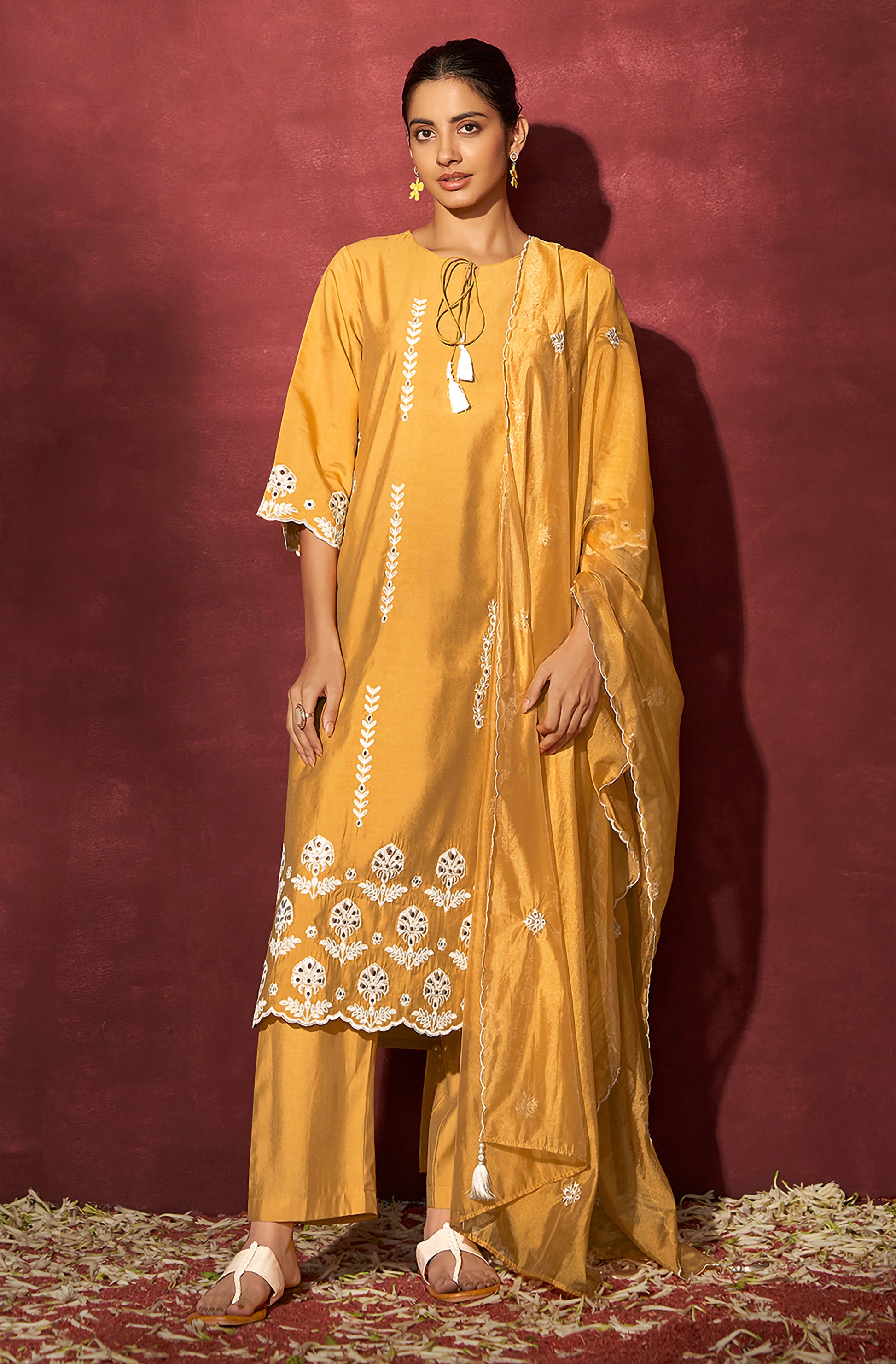 Mustard Silk Blend Schiffli Embroidered Straight Kurta Set - House of Nari