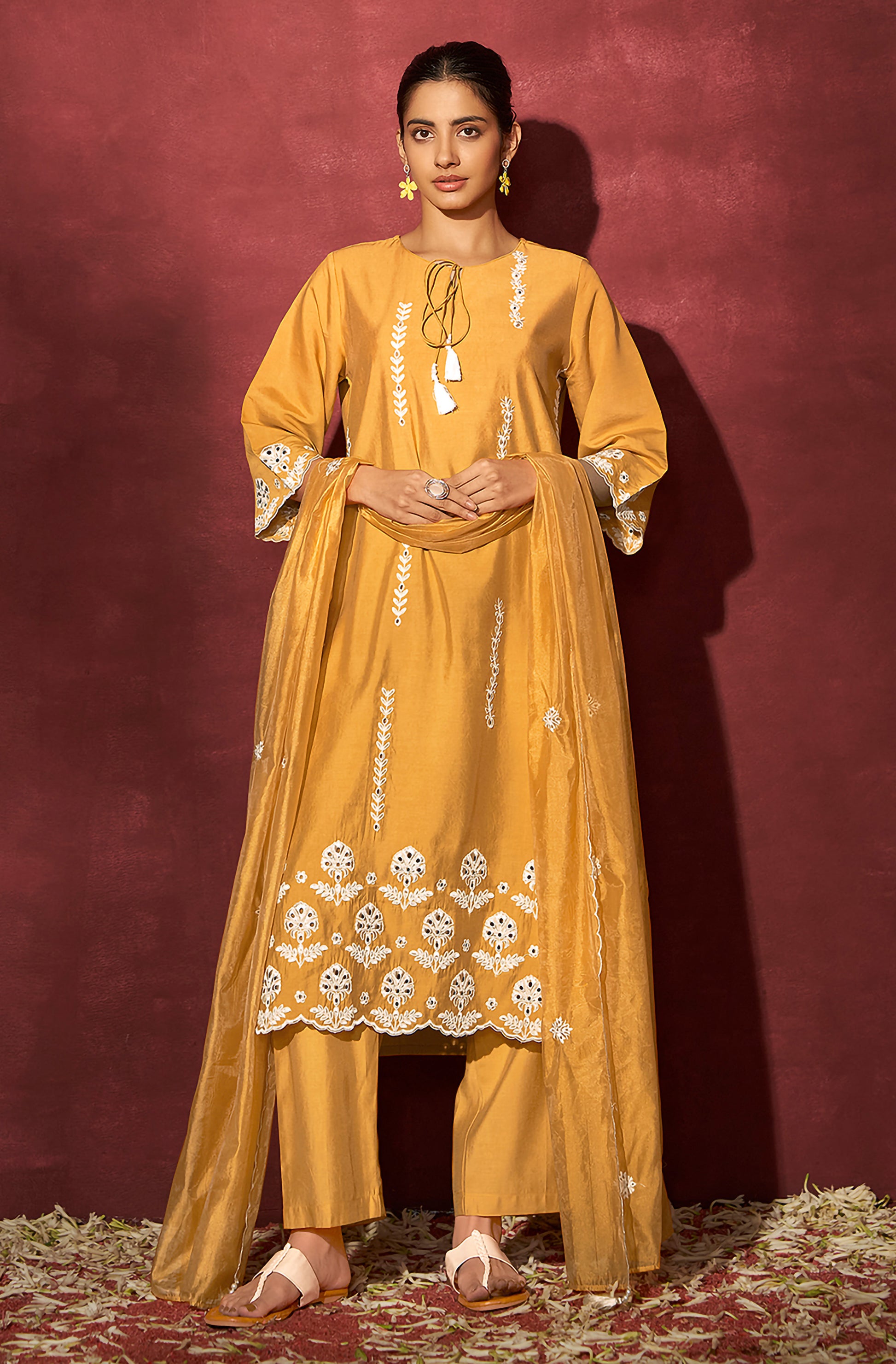Mustard Silk Blend Schiffli Embroidered Straight Kurta Set - House of Nari