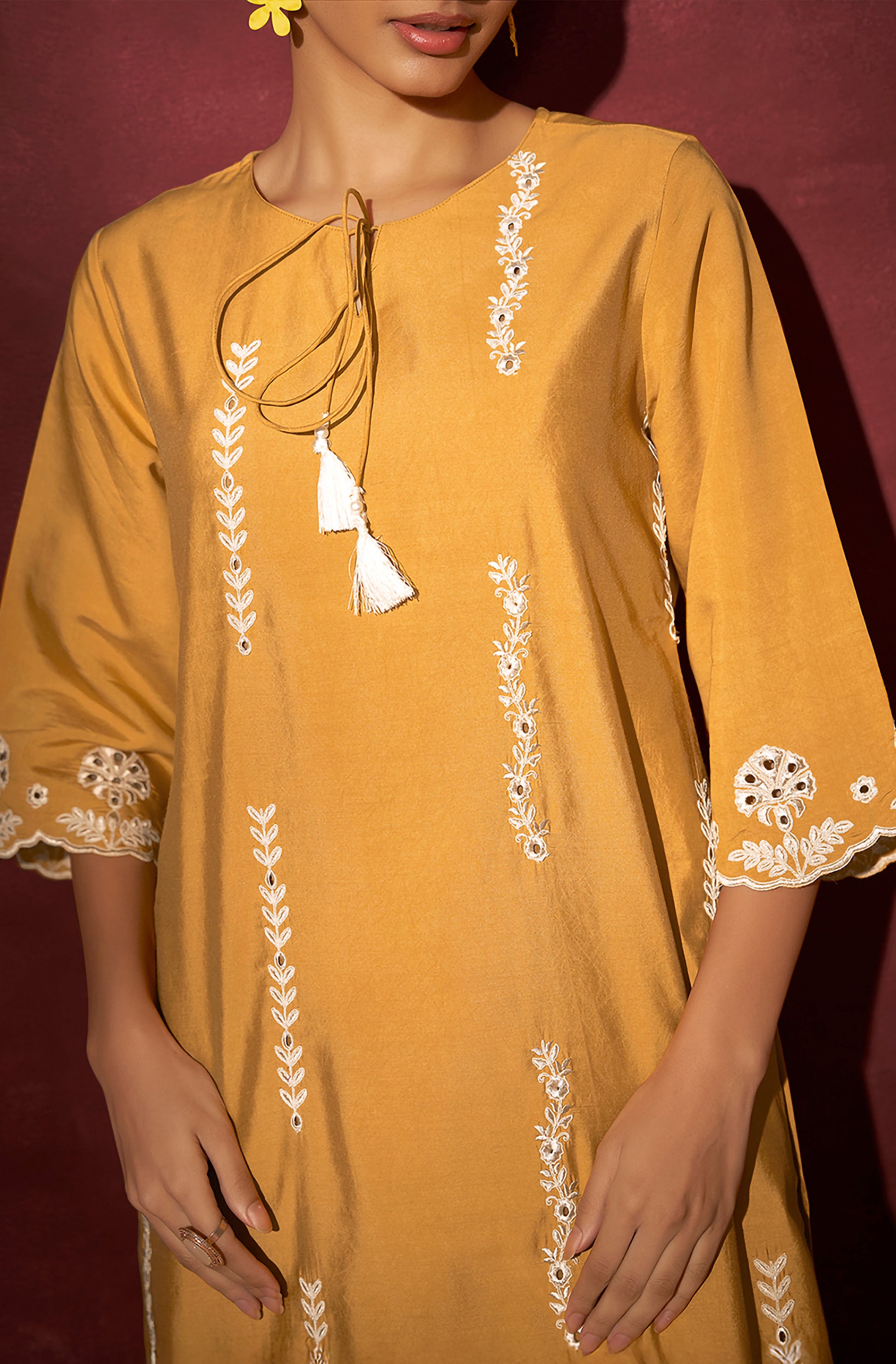 Mustard Silk Blend Schiffli Embroidered Straight Kurta Set - House of Nari