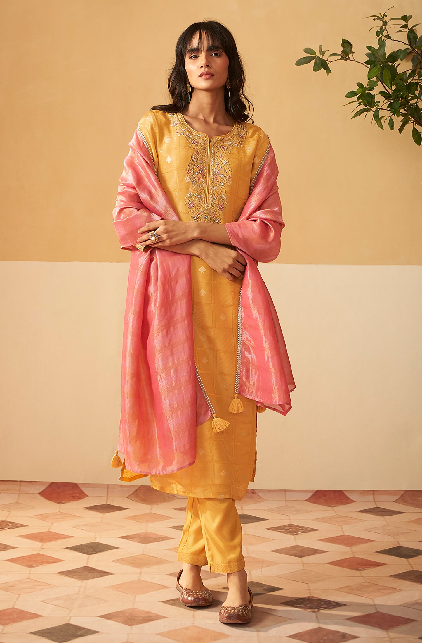 Mustard Tissue Silk Embroidered Brocade Straight Kurta Set - House of Nari
