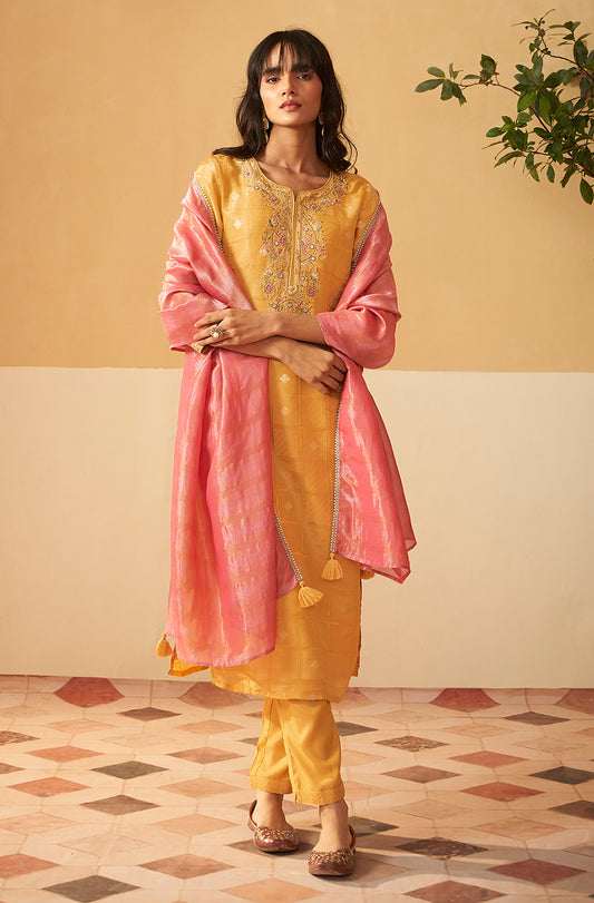 Mustard Tissue Silk Embroidered Brocade Straight Kurta Set - House of Nari