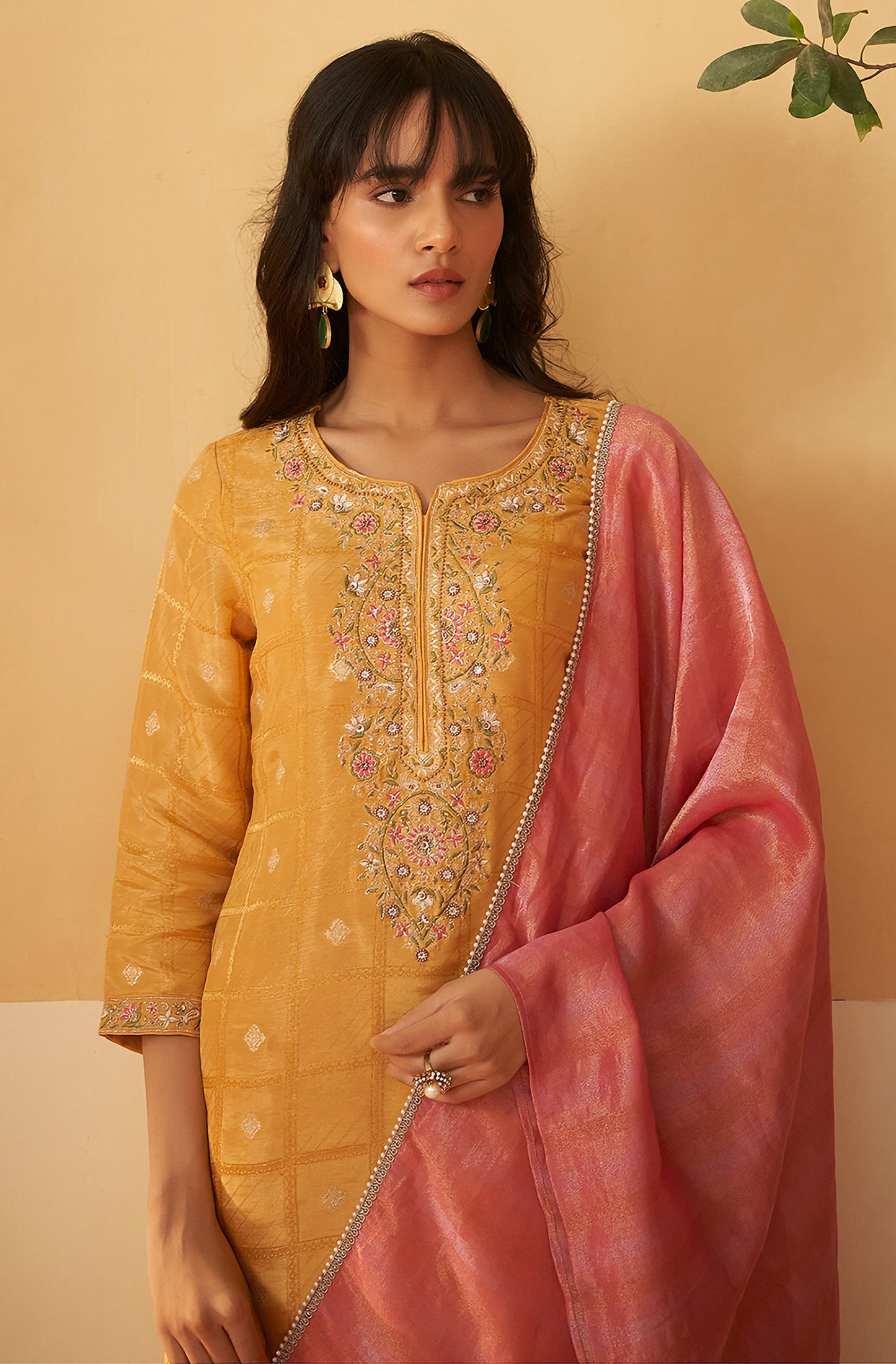 Mustard Tissue Silk Embroidered Brocade Straight Kurta Set - House of Nari