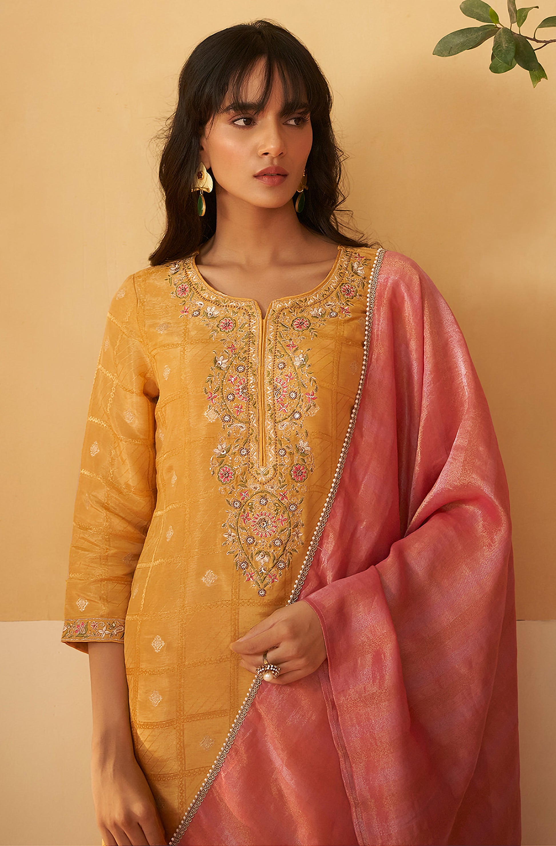 Mustard Tissue Silk Embroidered Brocade Straight Kurta Set - House of Nari