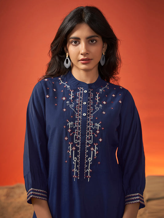 Navy Blue Viscose Embroidered Co-Ords Set - House of Nari