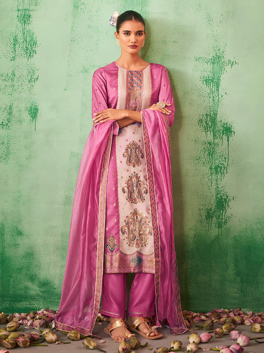 Pink Silk Blend Jacquard Straight Kurta Set - House of Nari