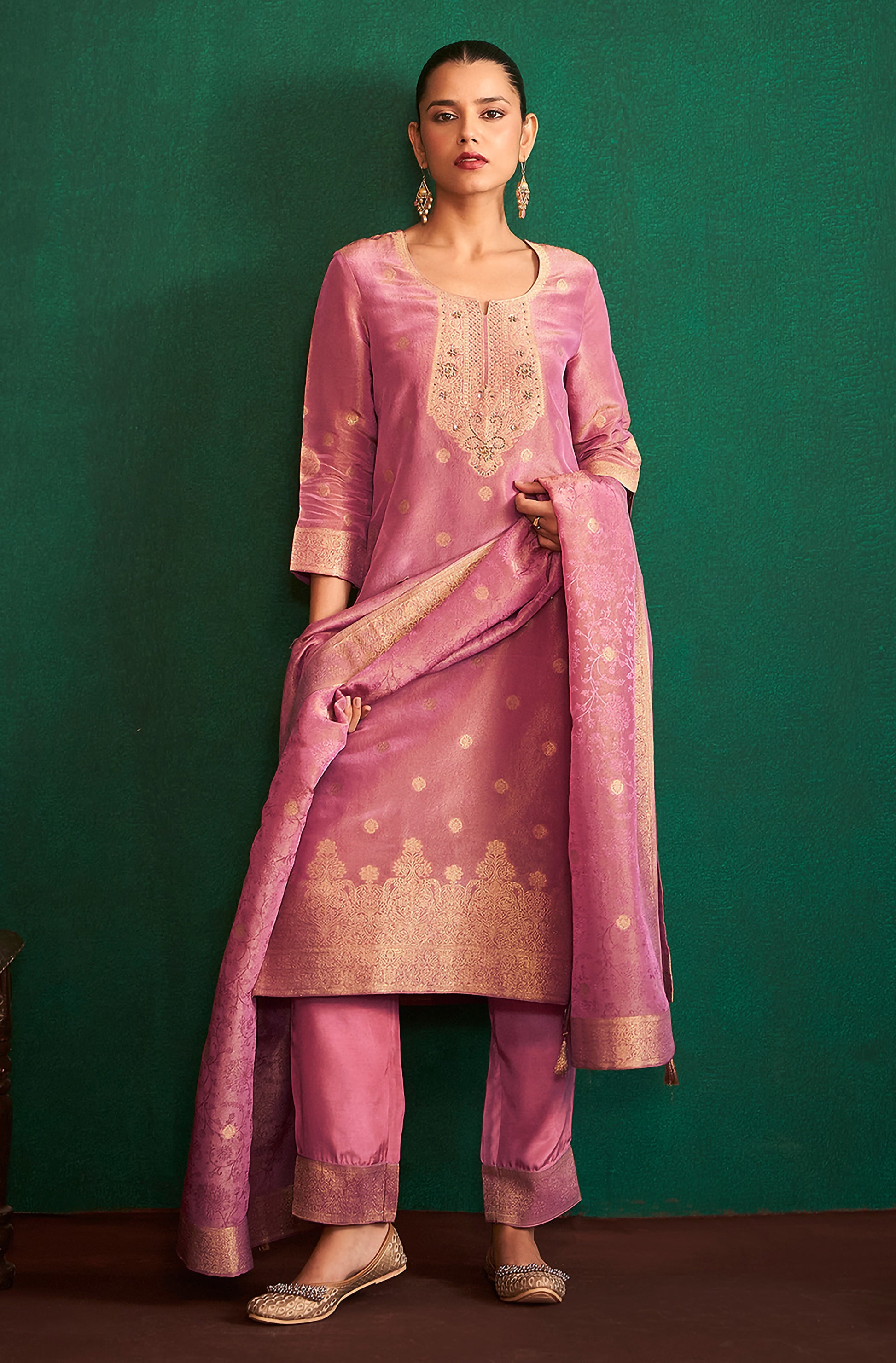 Pink Tissue Silk Jacquard Straight Kurta Set - House of Nari
