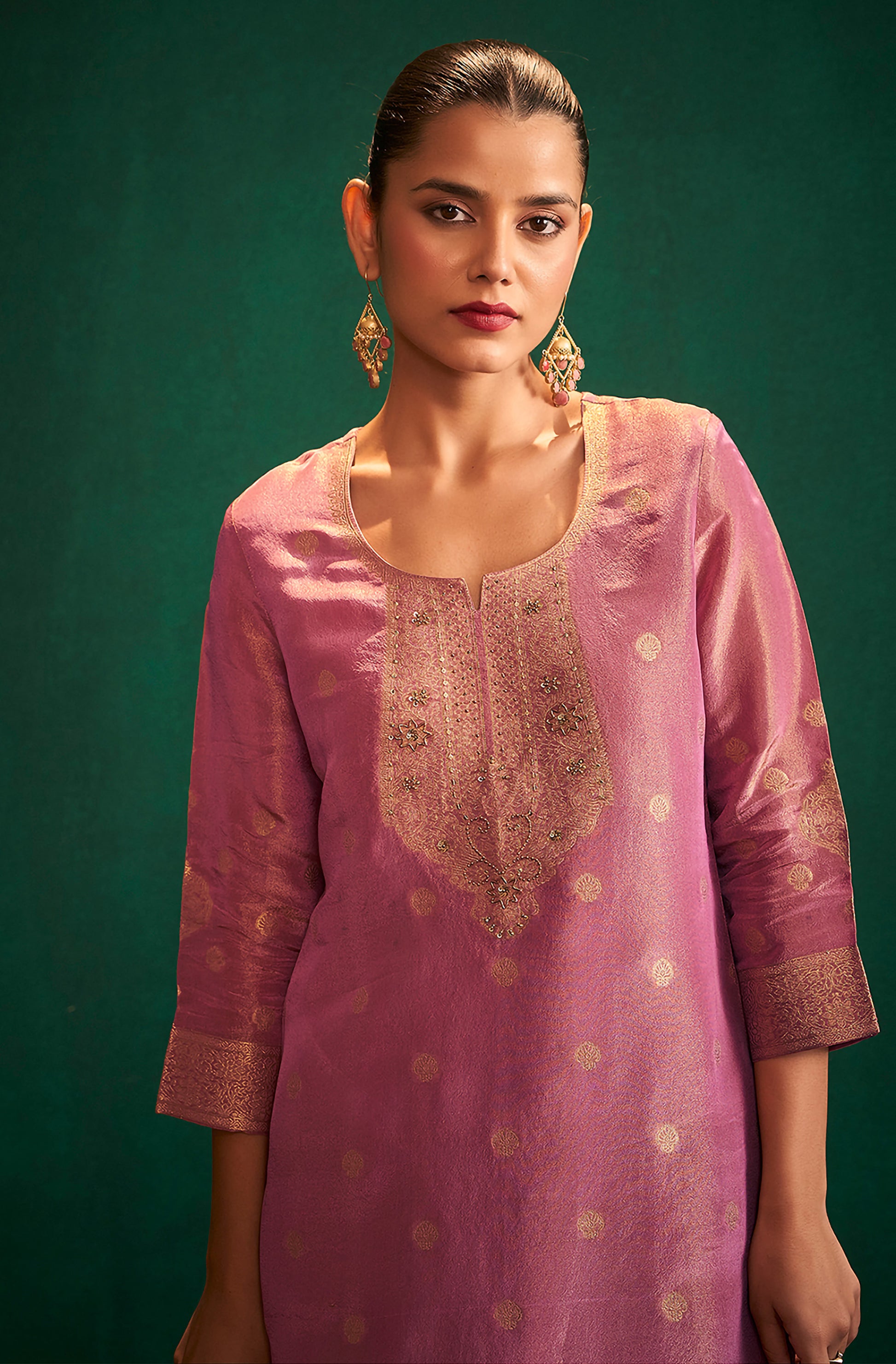 Pink Tissue Silk Jacquard Straight Kurta Set - House of Nari