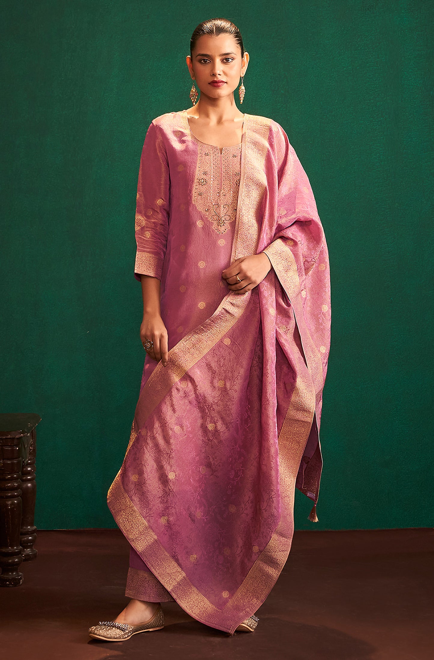 Pink Tissue Silk Jacquard Straight Kurta Set - House of Nari