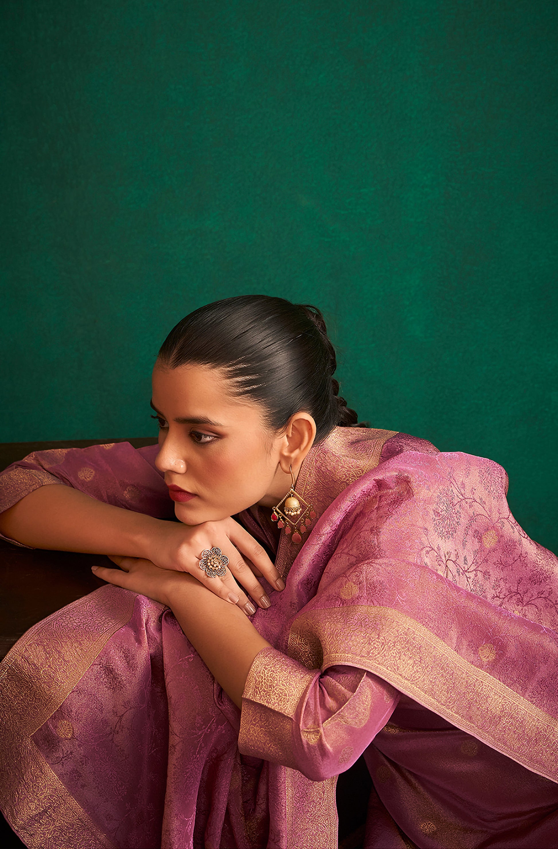 Pink Tissue Silk Jacquard Straight Kurta Set - House of Nari