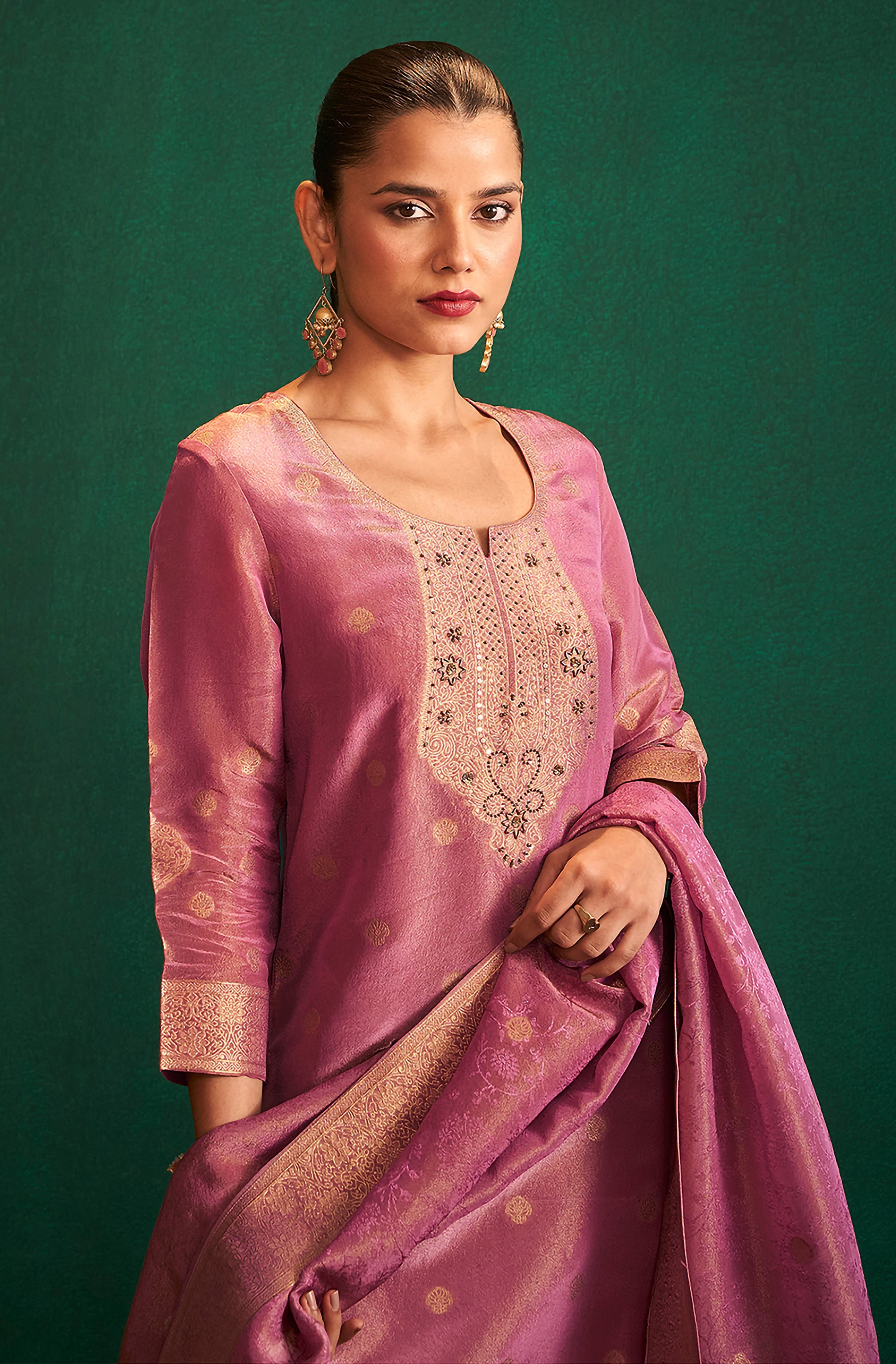 Pink Tissue Silk Jacquard Straight Kurta Set - House of Nari