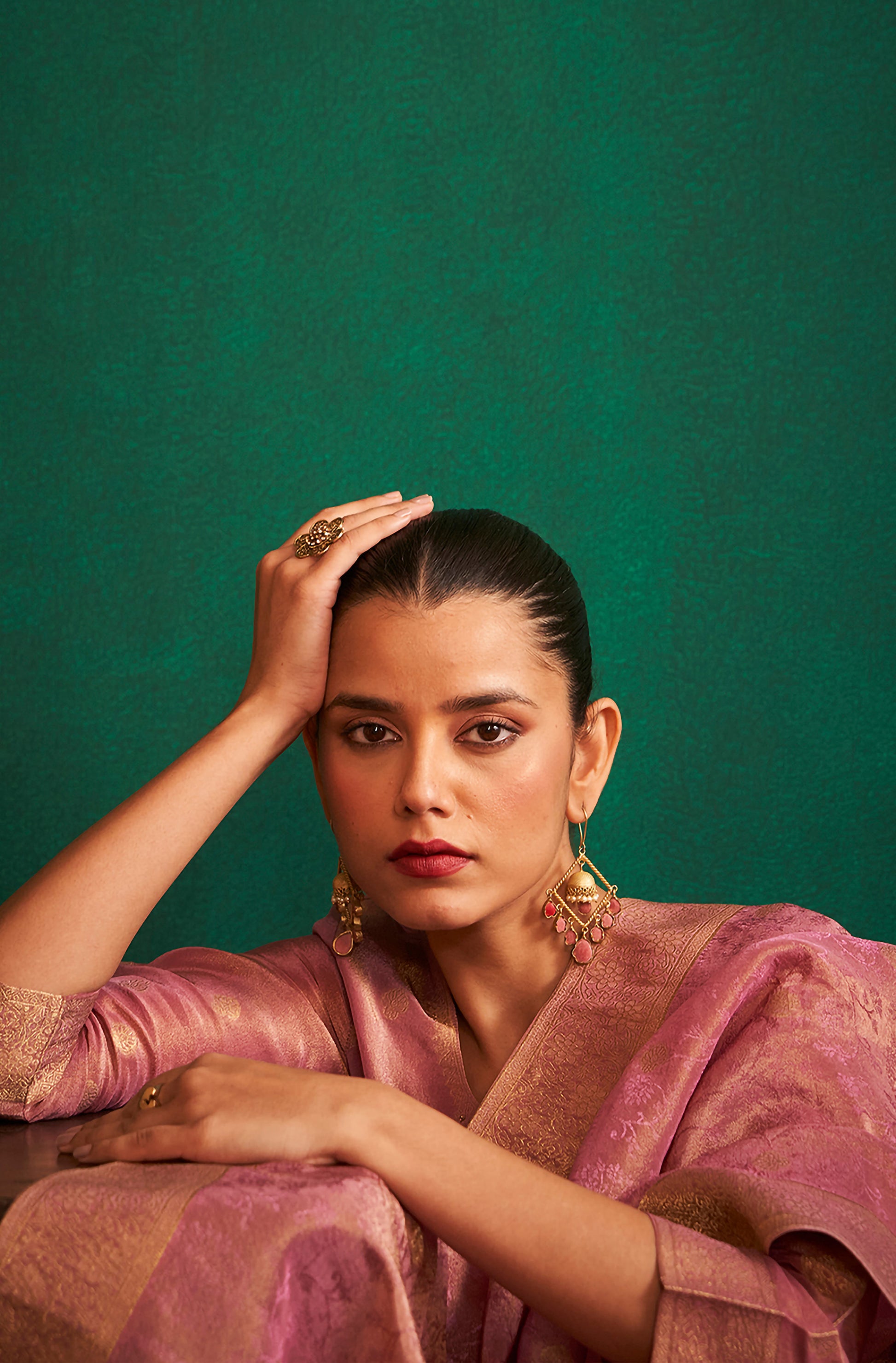 Pink Tissue Silk Jacquard Straight Kurta Set - House of Nari