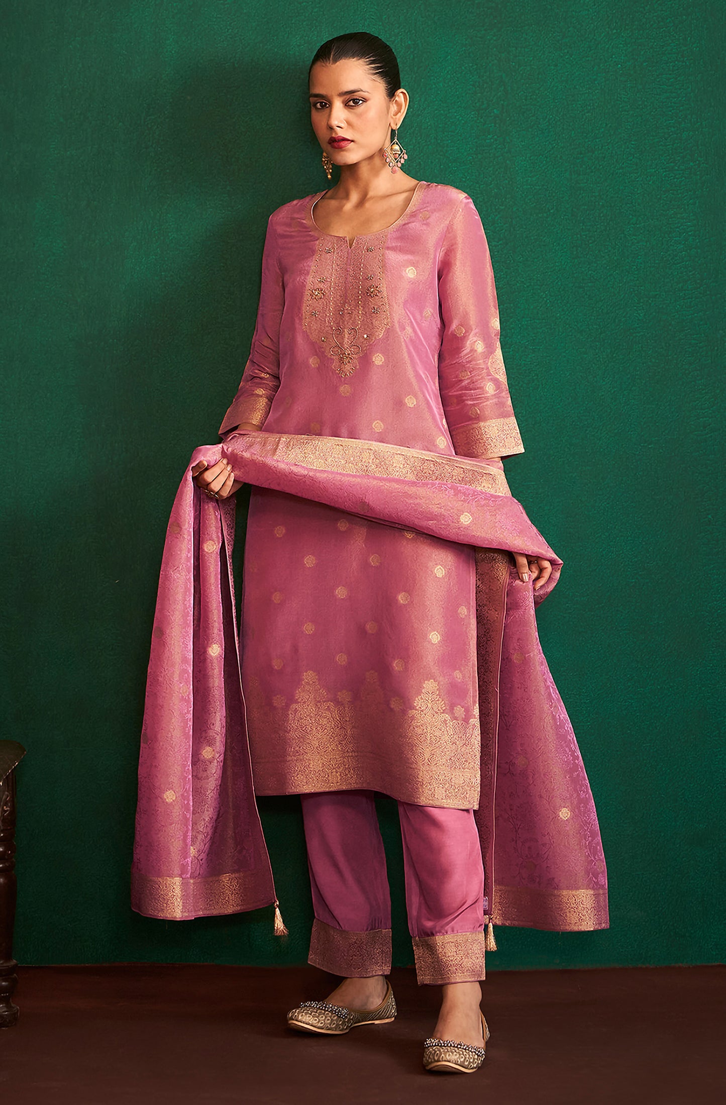 Pink Tissue Silk Jacquard Straight Kurta Set - House of Nari