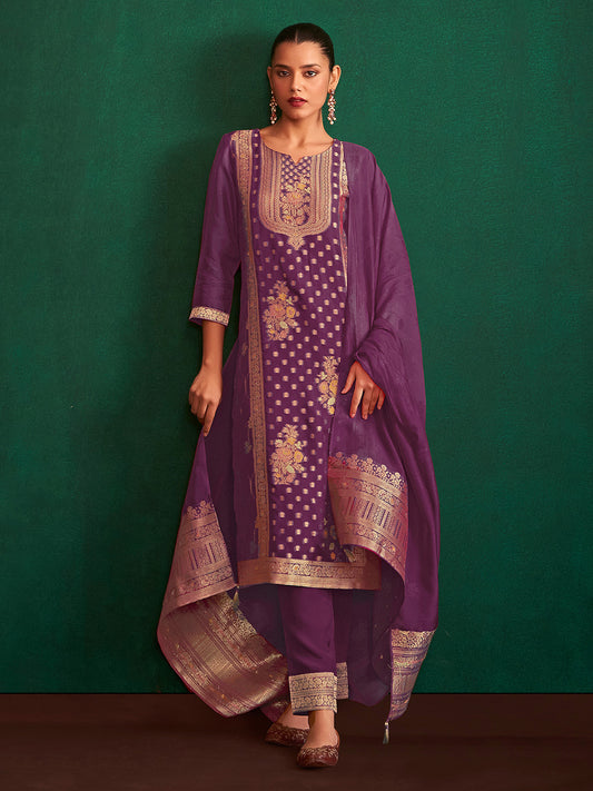 Purple Organza Jacquard Straight Kurta Set - House of Nari