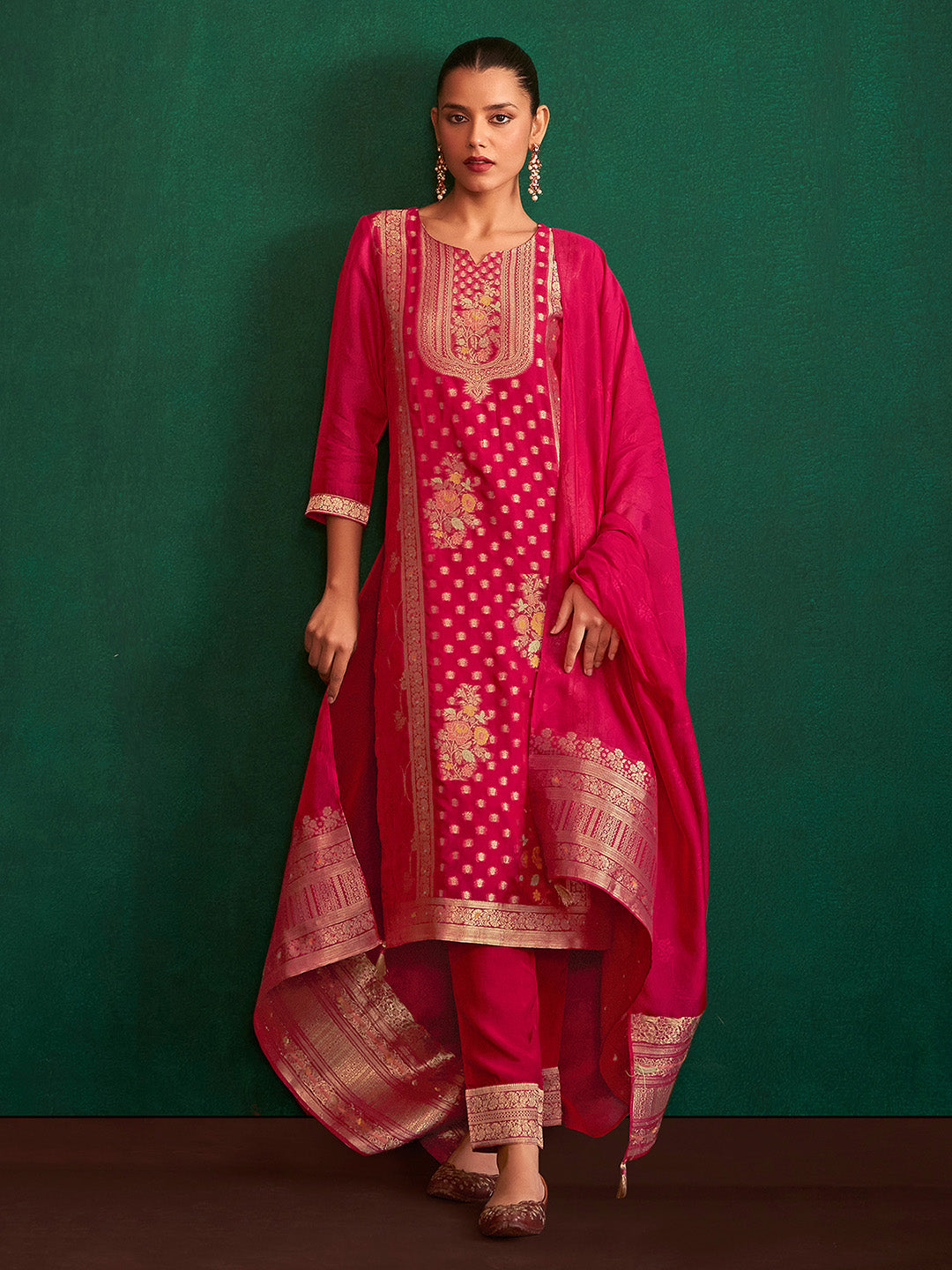 Red Silk Blend Jacquard Straight Kurta Set - House of Nari