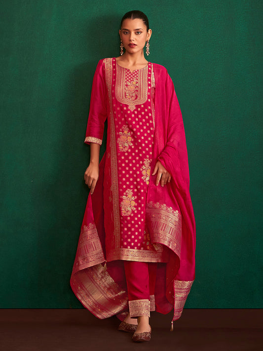 Red Silk Blend Jacquard Straight Kurta Set - House of Nari