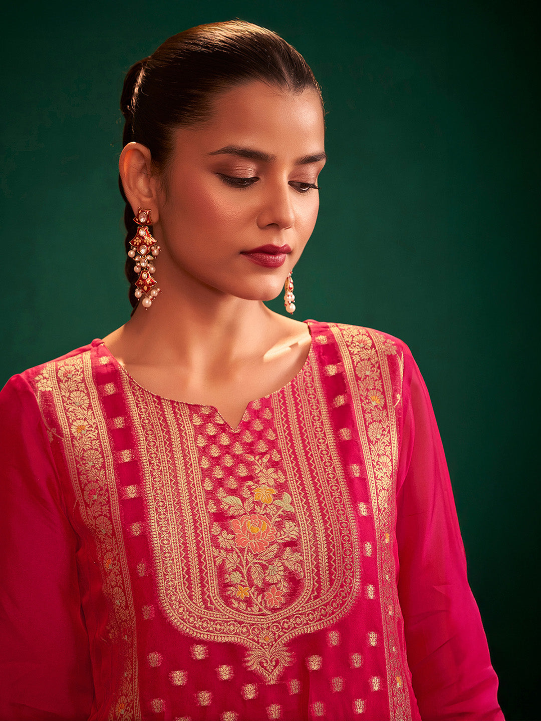 Red Silk Blend Jacquard Straight Kurta Set - House of Nari