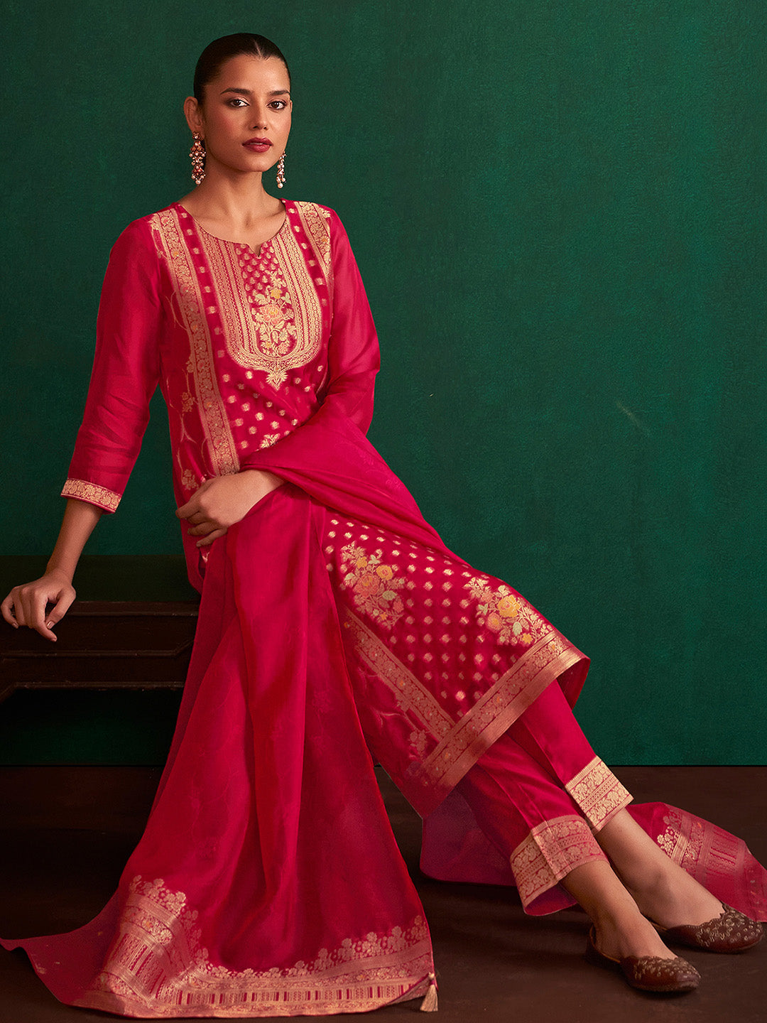 Red Silk Blend Jacquard Straight Kurta Set - House of Nari