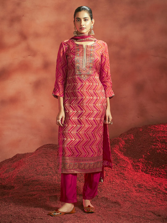 Red Tissue Silk Chevron Jacquard Straight Kurta Set - House of Nari