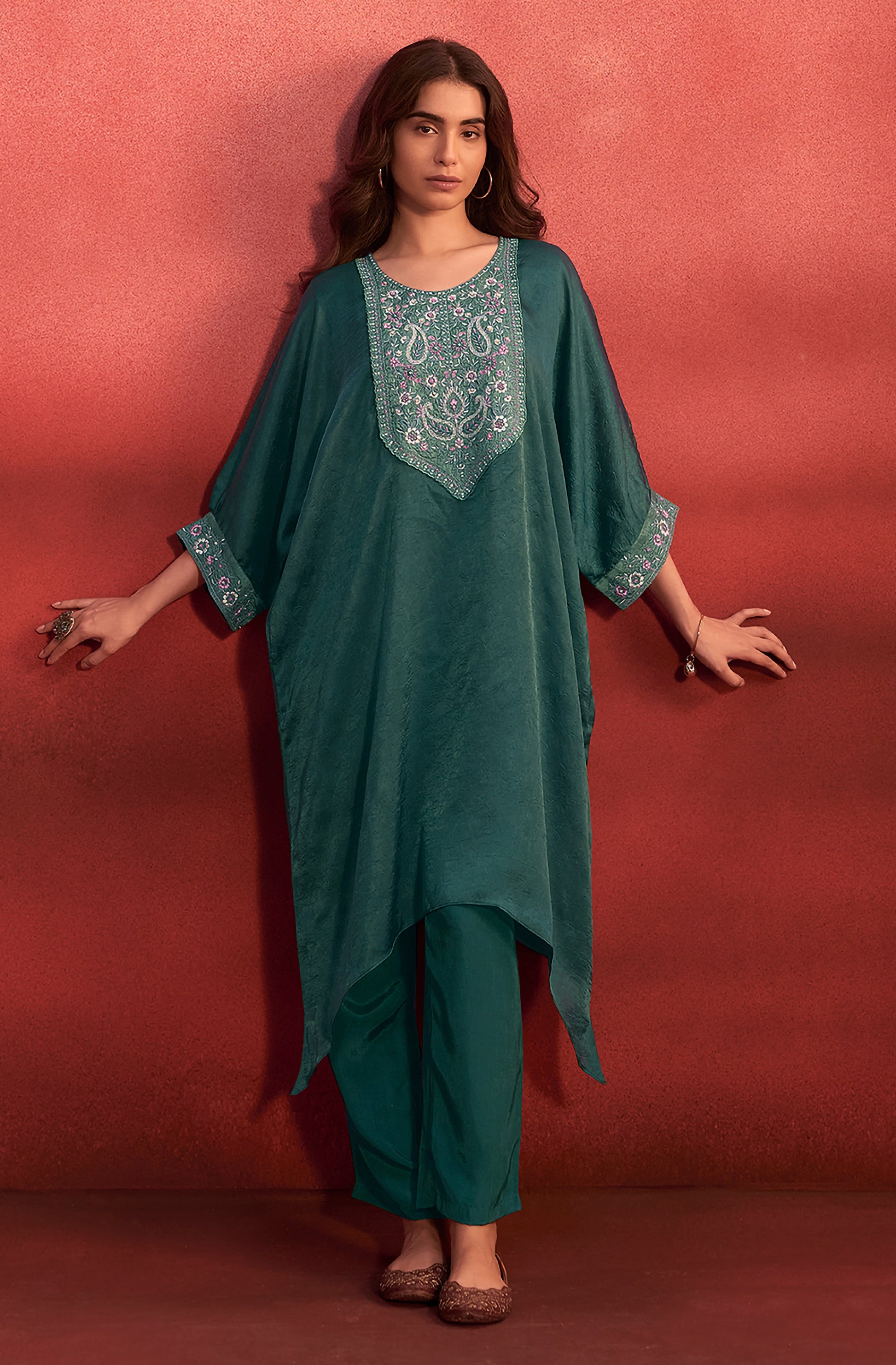 Teal Green Organza Embroidered Kaftan Kurta Set - House of Nari