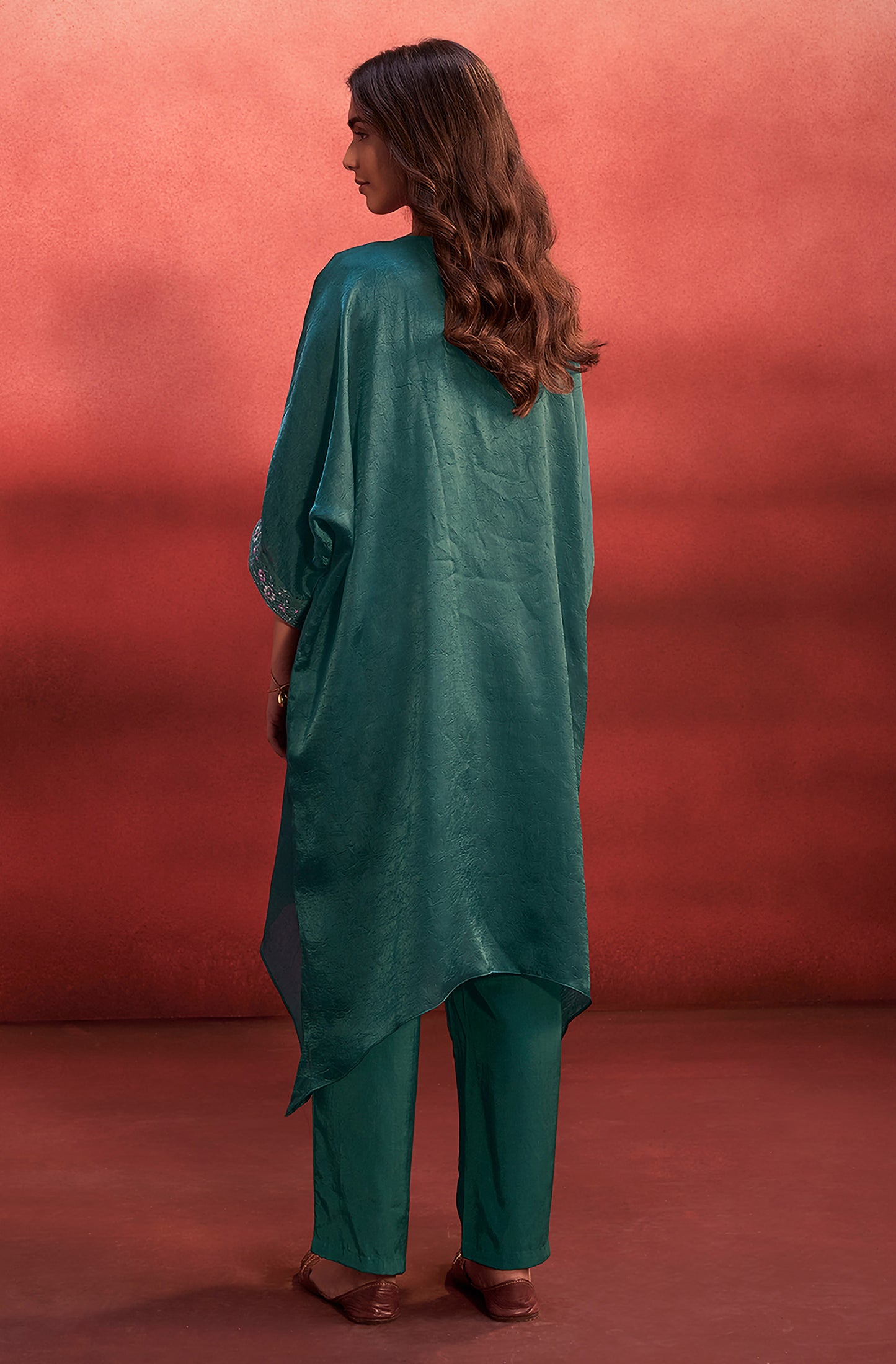 Teal Green Organza Embroidered Kaftan Kurta Set - House of Nari