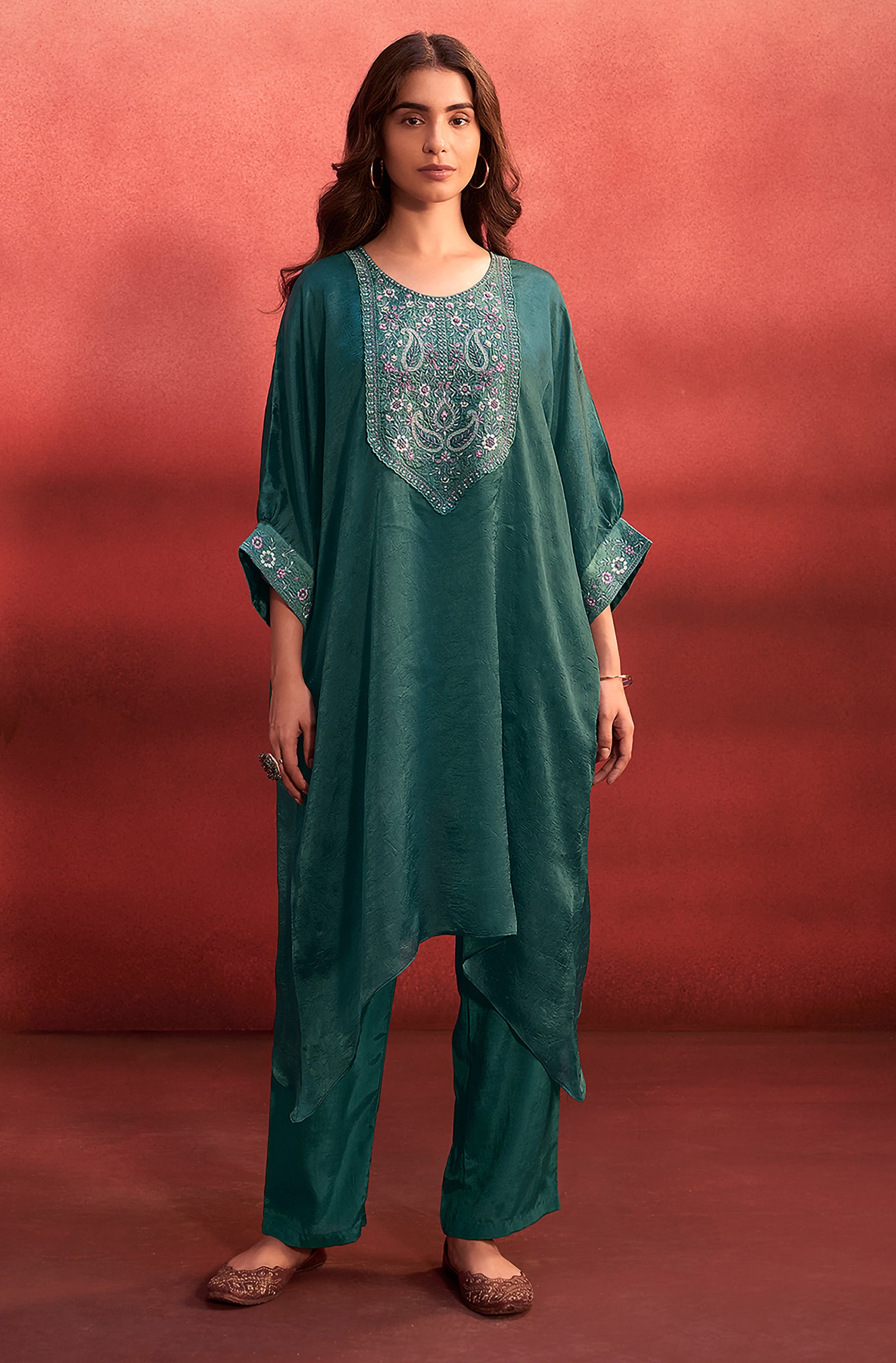 Teal Green Organza Embroidered Kaftan Kurta Set - House of Nari
