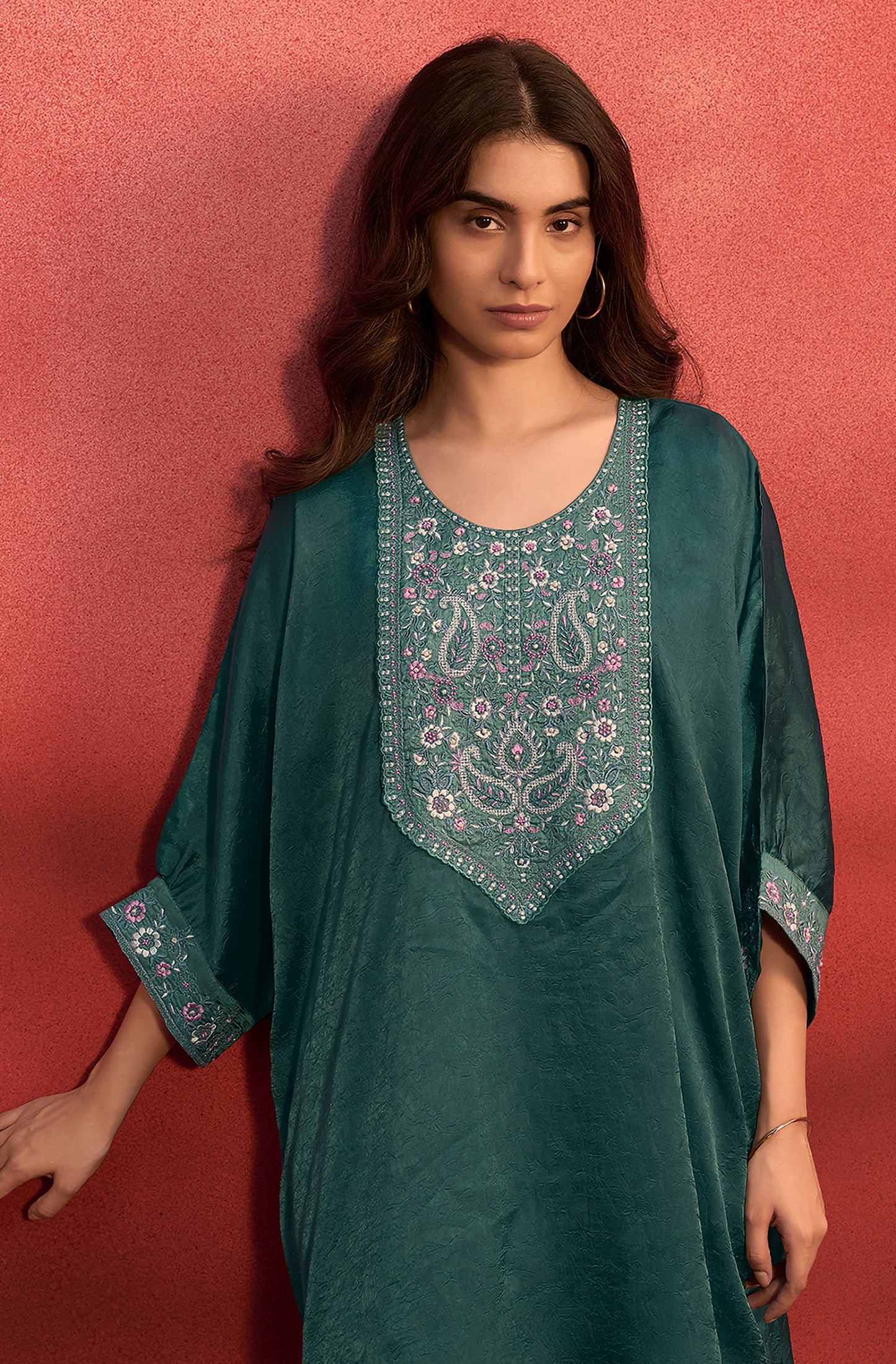 Teal Green Organza Embroidered Kaftan Kurta Set - House of Nari