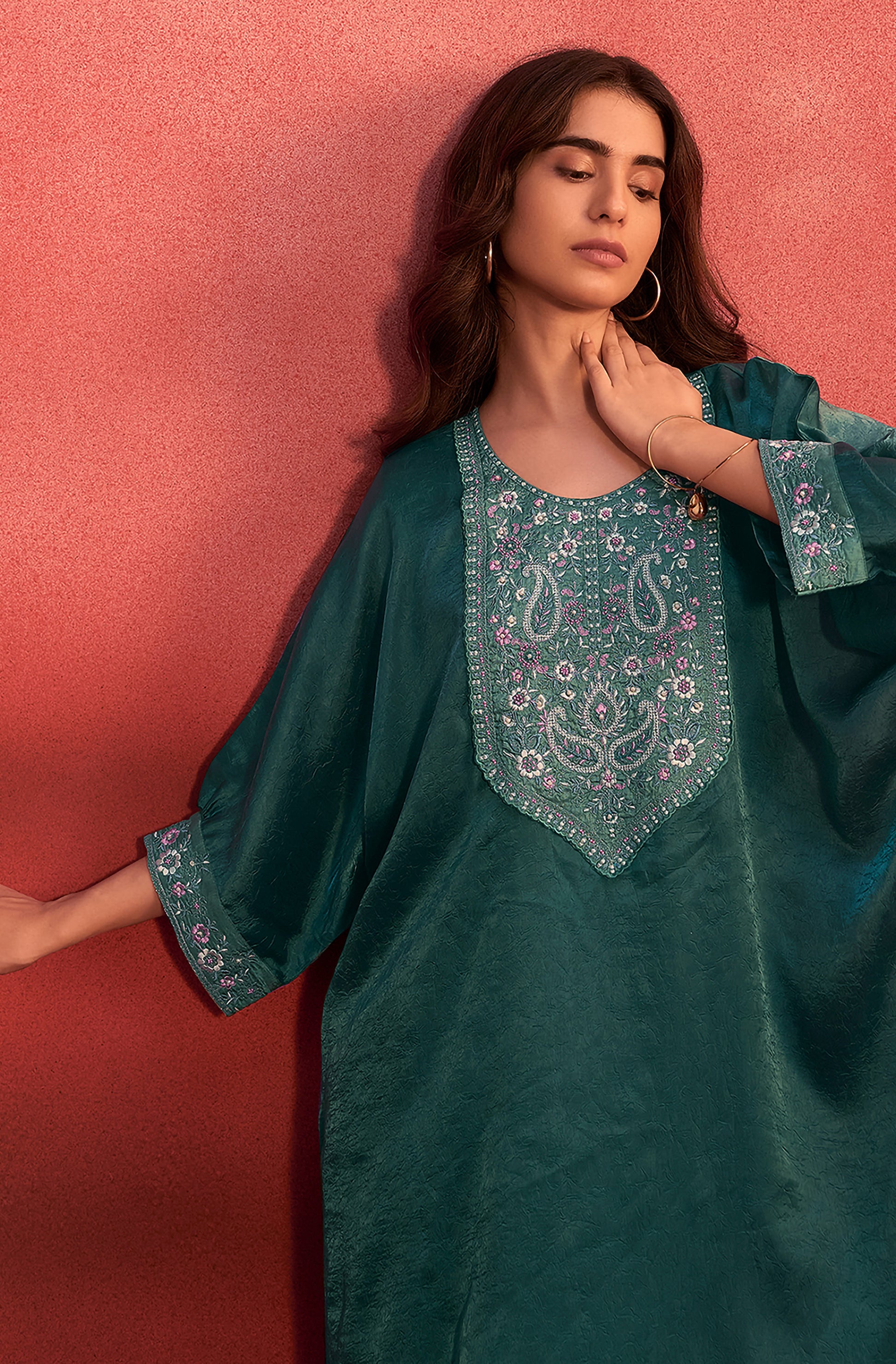 Teal Green Organza Embroidered Kaftan Kurta Set - House of Nari