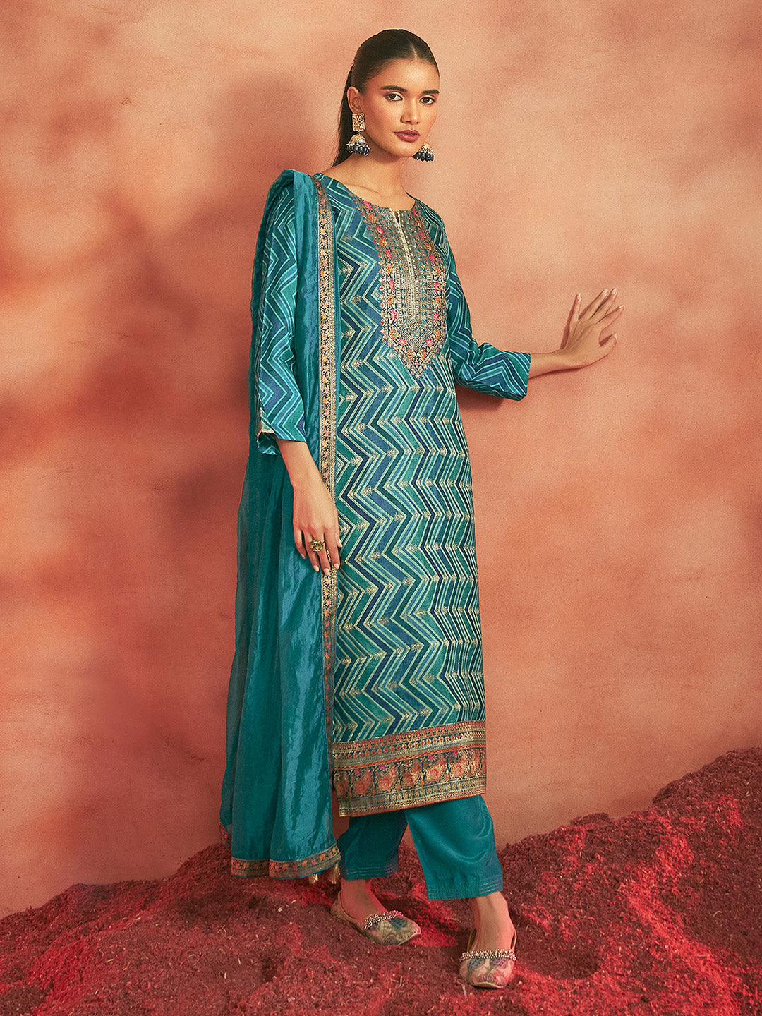 Turquoise Tissue Silk Chevron Jacquard Straight Kurta Set - House of Nari
