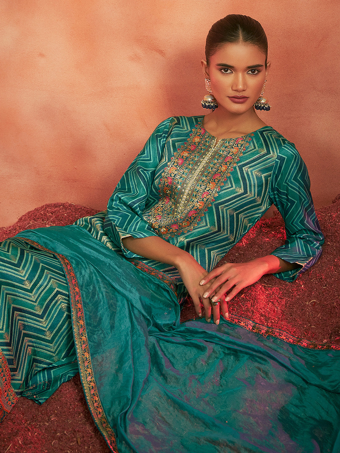 Turquoise Tissue Silk Chevron Jacquard Straight Kurta Set - House of Nari