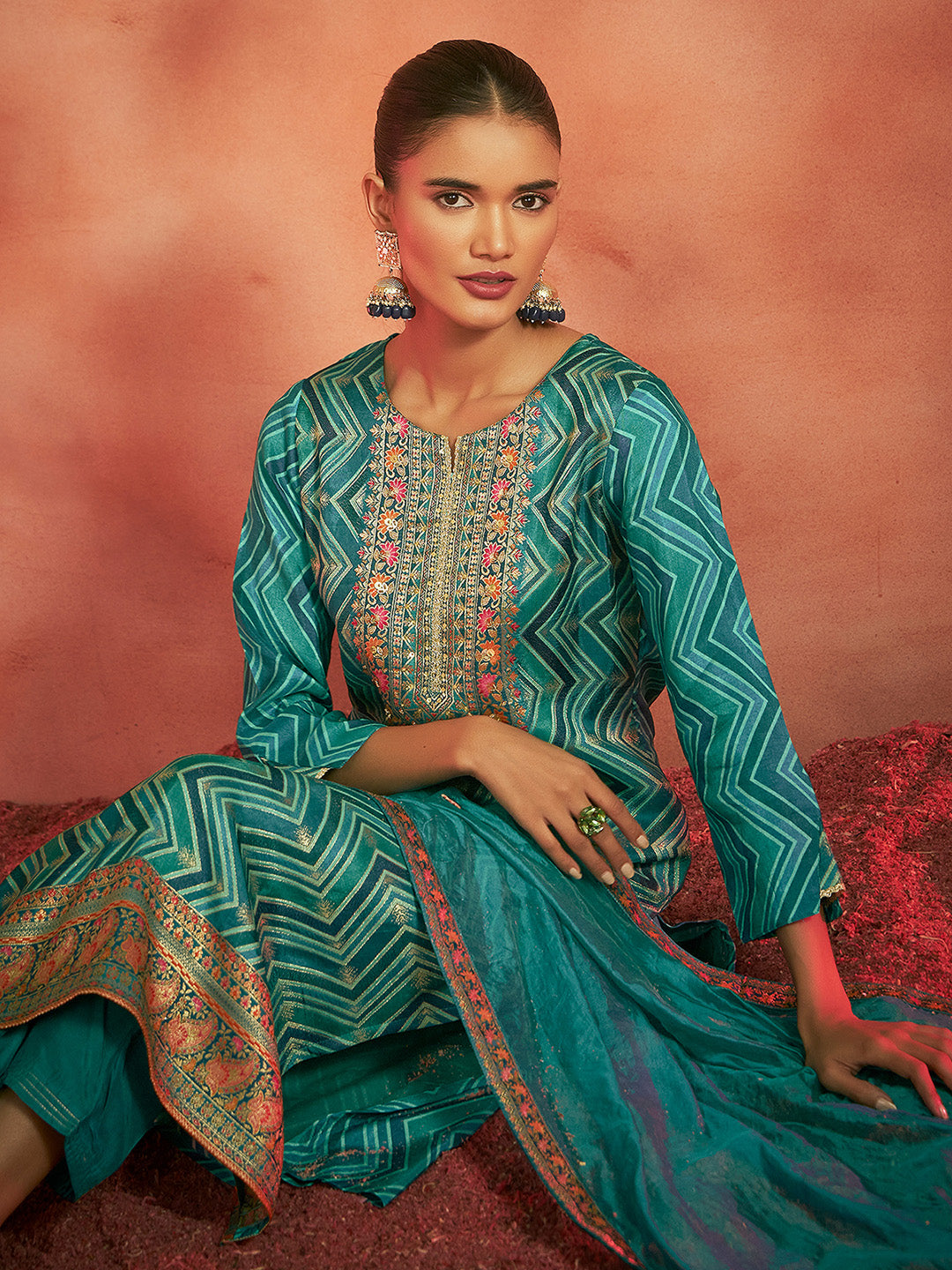 Turquoise Tissue Silk Chevron Jacquard Straight Kurta Set - House of Nari