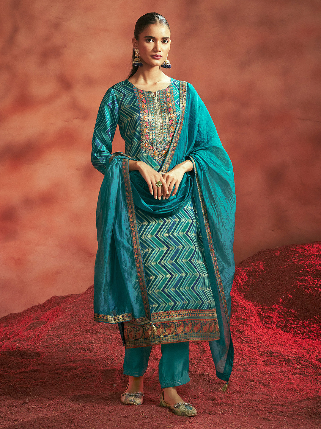 Turquoise Tissue Silk Chevron Jacquard Straight Kurta Set - House of Nari